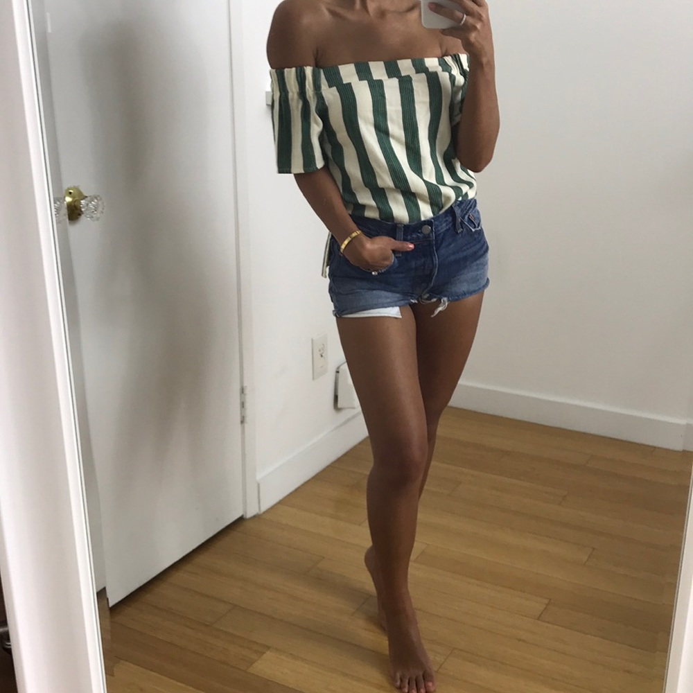 Green/blue striped off the shoulder top